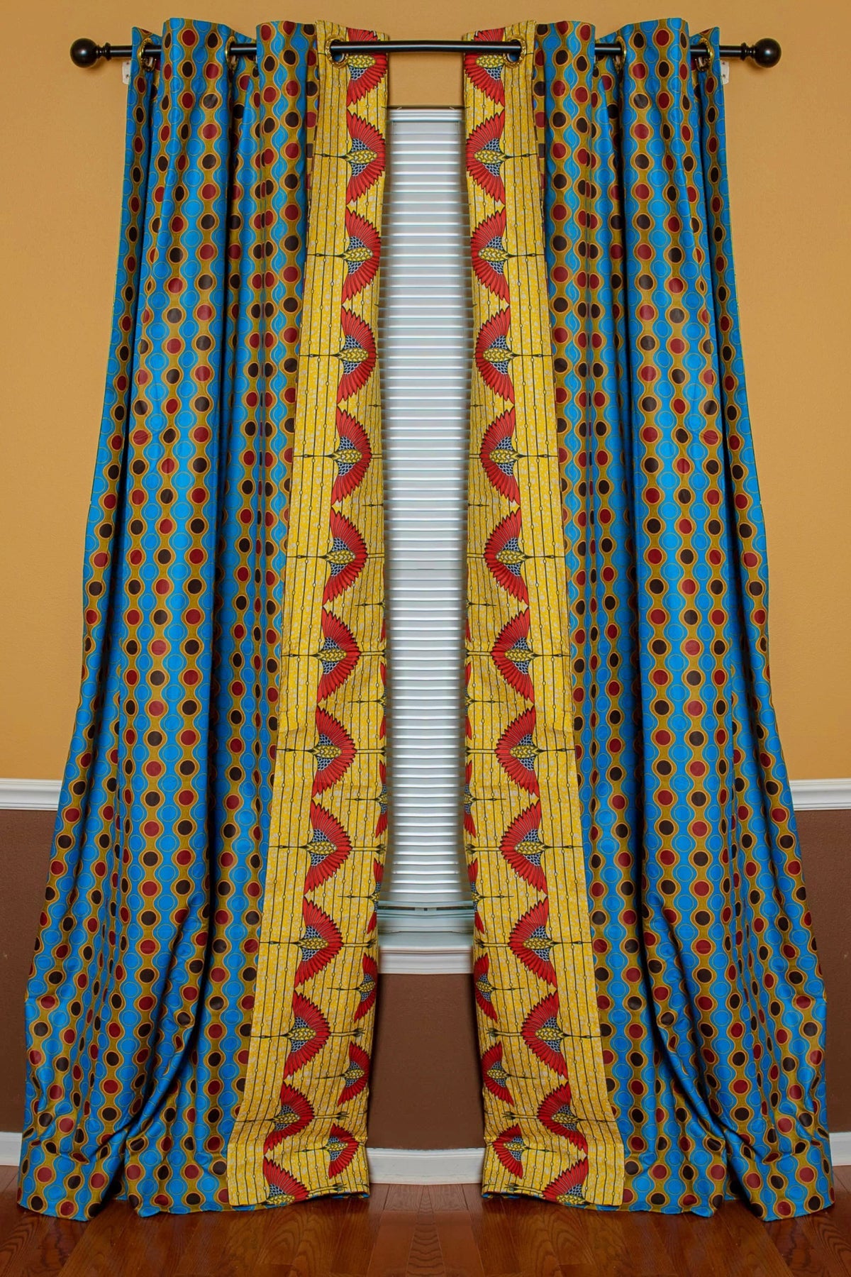 Malaika Double Sided Reversible Grommet Top African Print Curtains Yellow Blue Red Afrilege