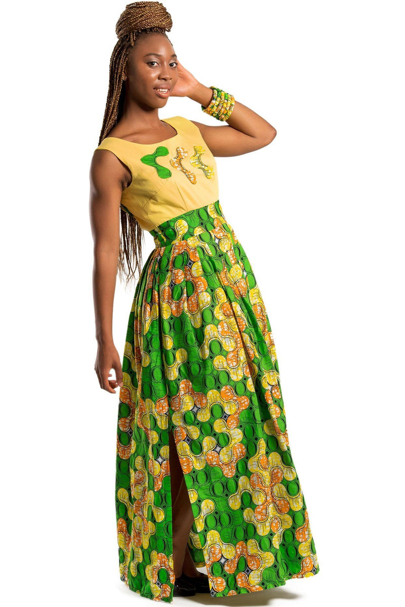 Nakato African Print Maxi Dress (Yellow / Green) | Afrilege