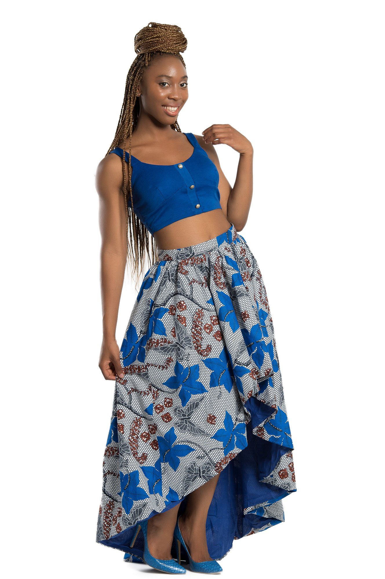 Mona African Print Hi Lo Skirt ( Blue/ Grey) | Afrilege