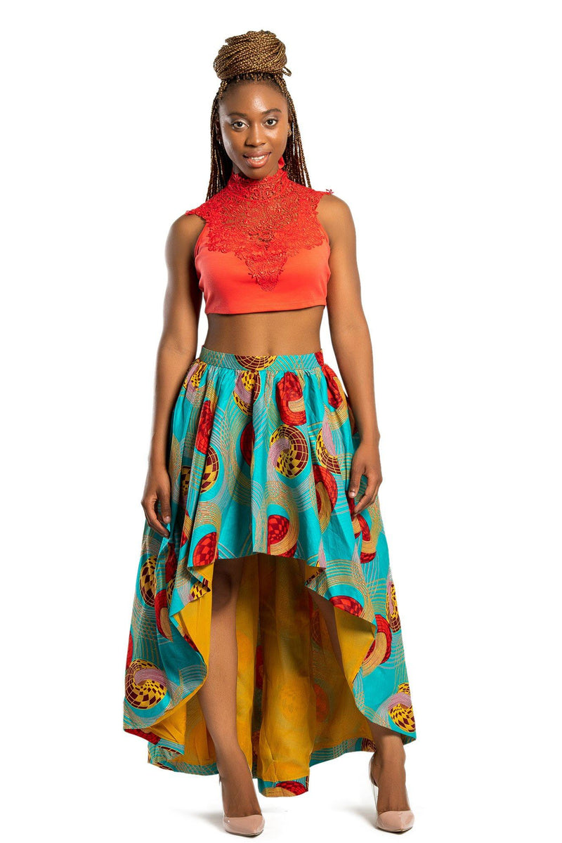 Ode African Print Hi Lo Skirt (Green/ Red) | Afrilege