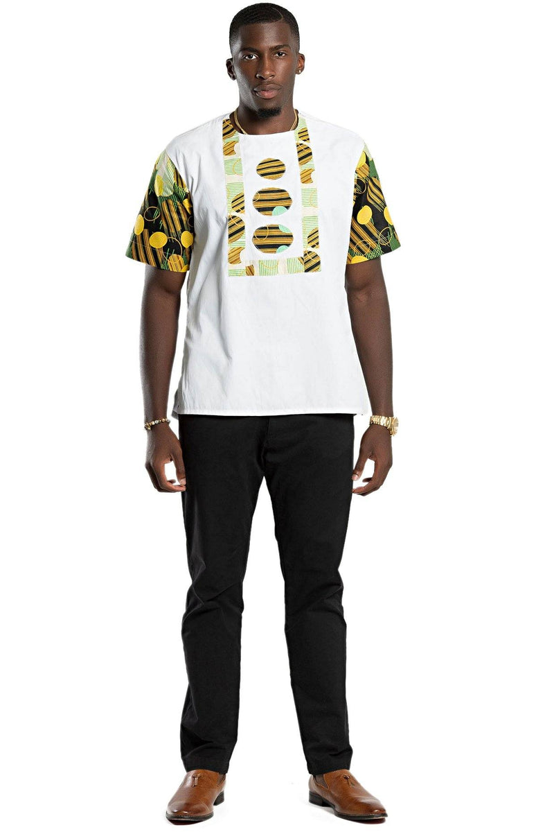 Gueye African Print Short Sleeve Men Shirt - White / Green | Afrilege