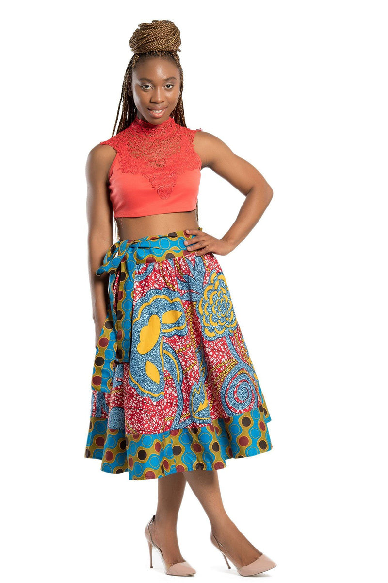 Sanaa African Print 2-seasons Midi Skirt - Red/ Blue | Afrilege