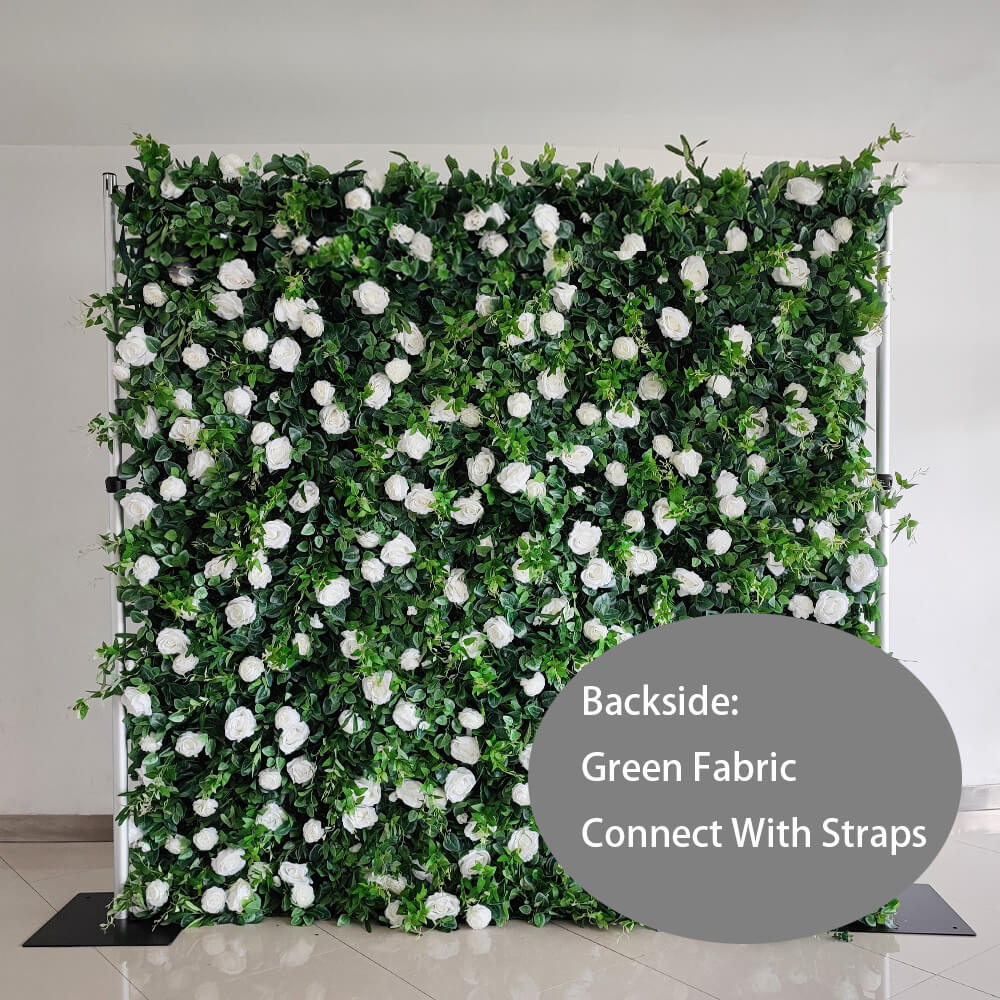 3D pure white roses green leaves fabric artificial flower wall looks pure and romantic.