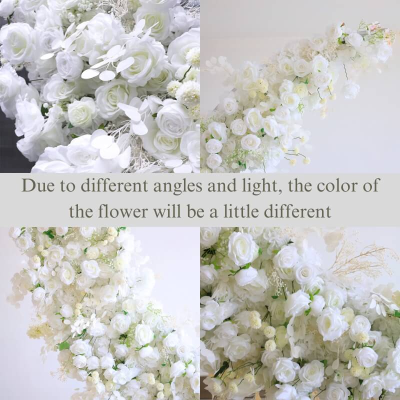 6.5ft white roses moon shaped fabric artificial flower wall is vivid and realistic from all angles.