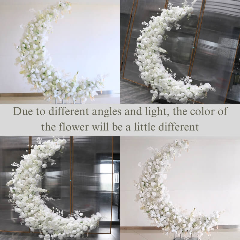 6.5ft white roses moon shaped fabric artificial flower wall is vivid and realistic from all angles.
