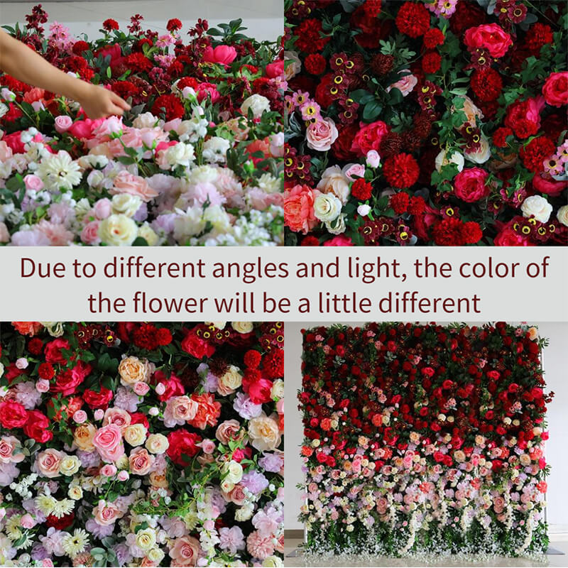 3D gradient red fabric artificial flower wall is vivid and realistic from all angles.
