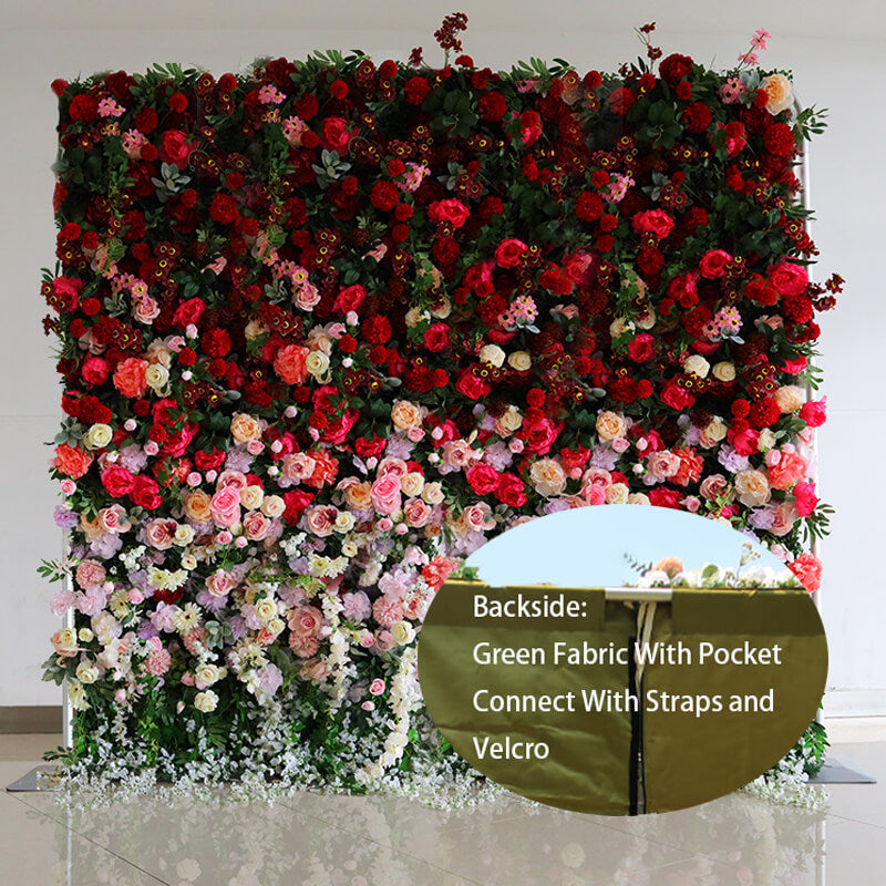 3D gradient red fabric artificial flower wall is easy to install.
