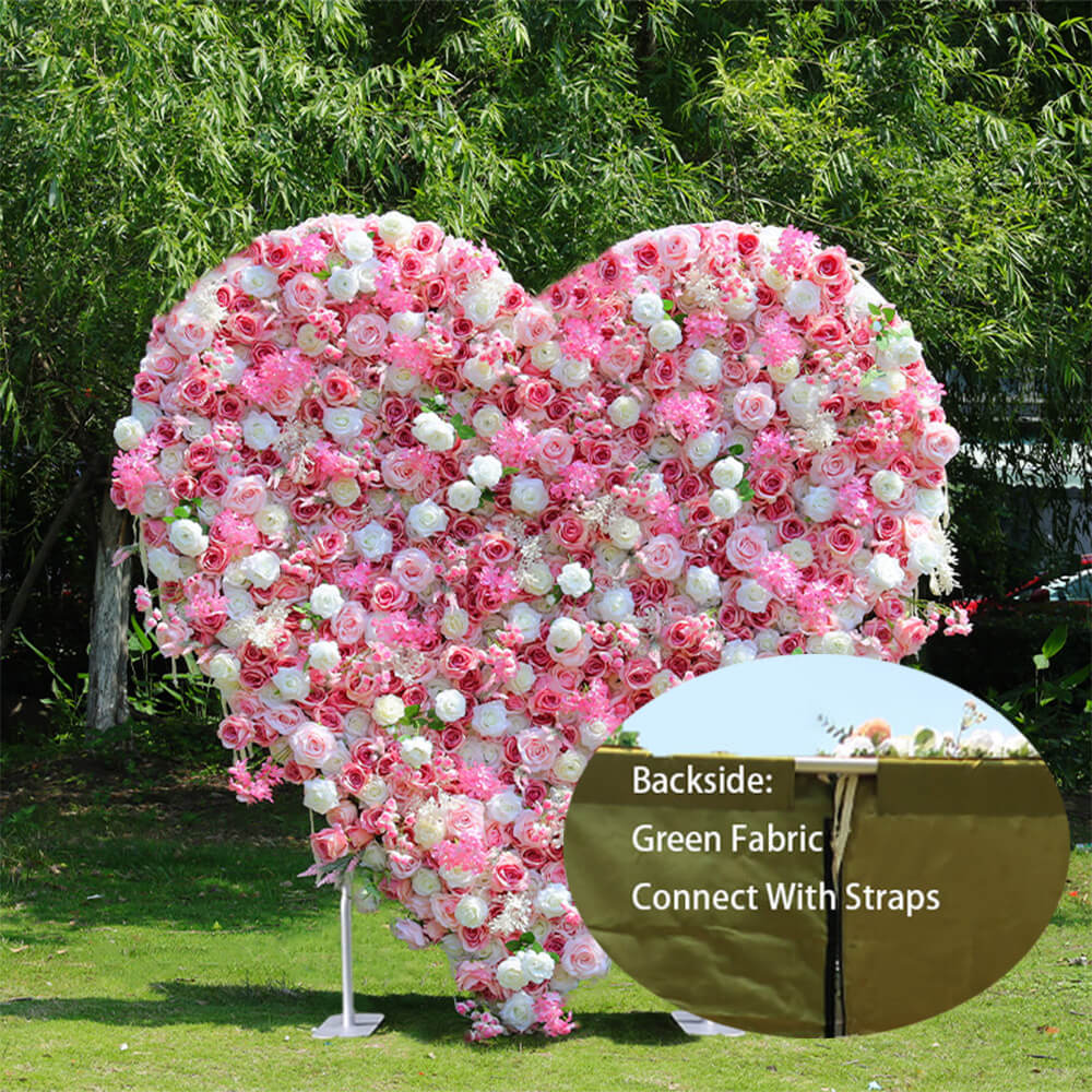 Pink roses heart shaped fabric artificial flower wall looks beautiful and bright.