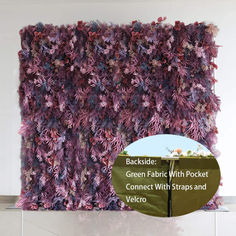 3D purple boho wedding decor faux spruce leaf flower wall looks romantic.