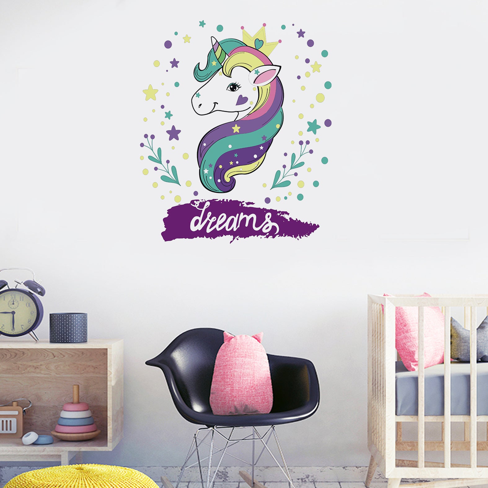 Decoratiune interioara pentru dormitor sau sufragerie, sticker de perete cu unicorn animat