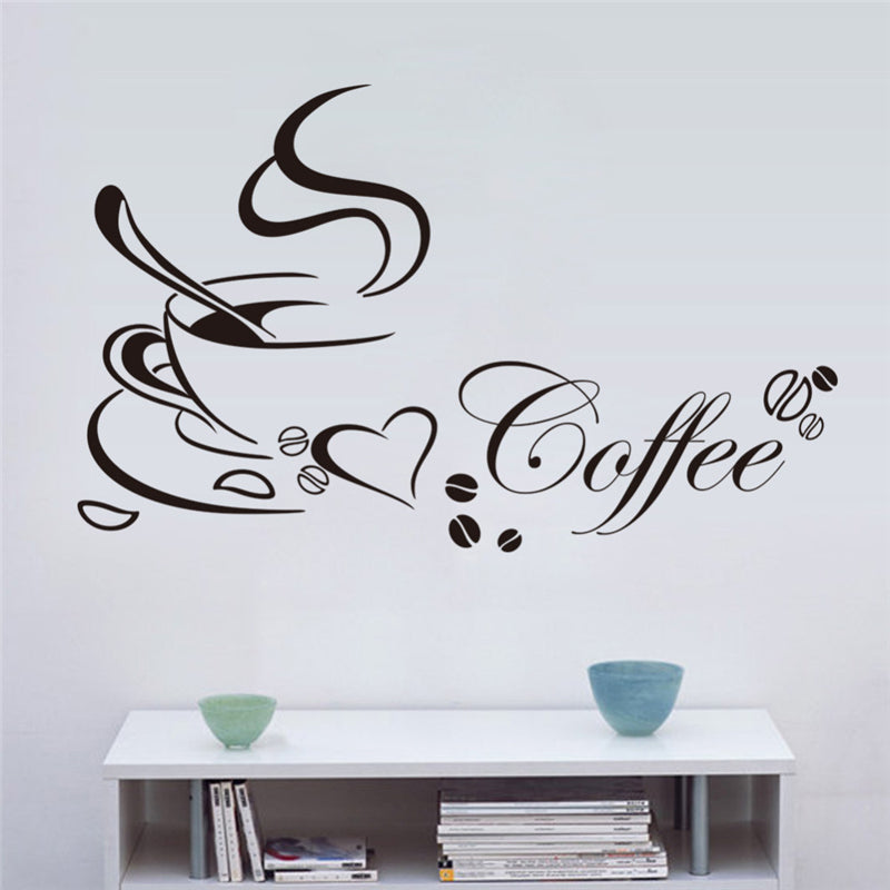 Sticker de perete cu o ceasca de cafea si o inima, model detasabil, ce poate fi dezlipit, decoratiune pentru bar, bucatarie, din gama DIY, Do It Yourself, Fa tu singur