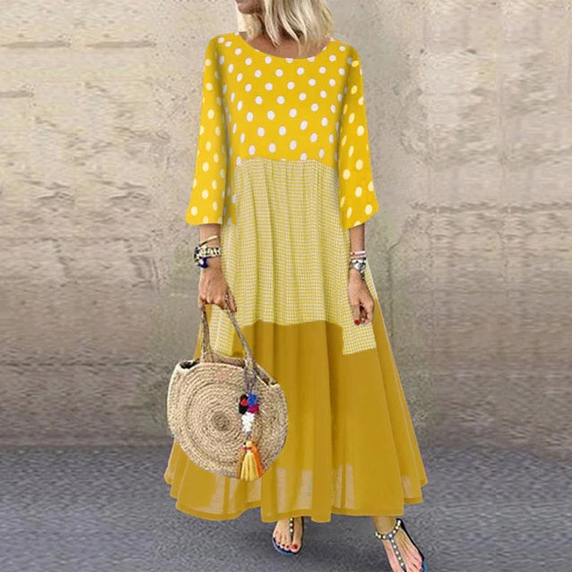 Rochie pentru femei, stil casual, cu maneci lungi, rochie cu imprimeu stil buline si culoare uni