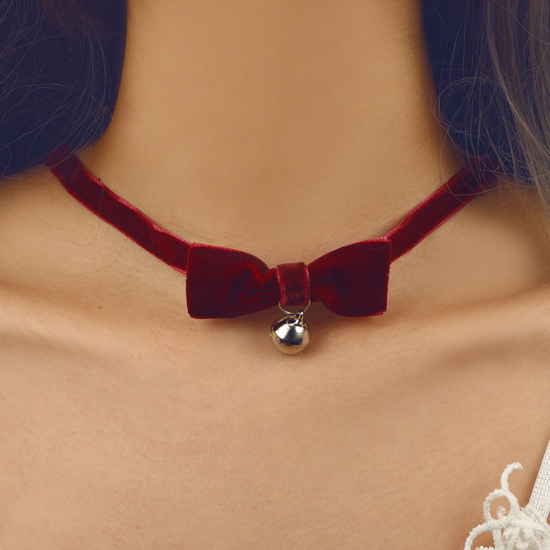 Colier choker pentru femei, stil gotic, cu fundita din plu? ?i clopotel