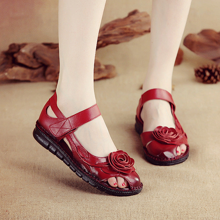 Sandale din imitatie de piele, model decupat cu flori, sandale in stil boem cu talpa joasa confortabila