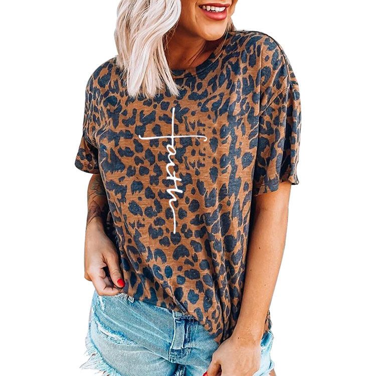 Tricou cu imprimeu leopard ?i text pentru femei, cu decolteu rotund