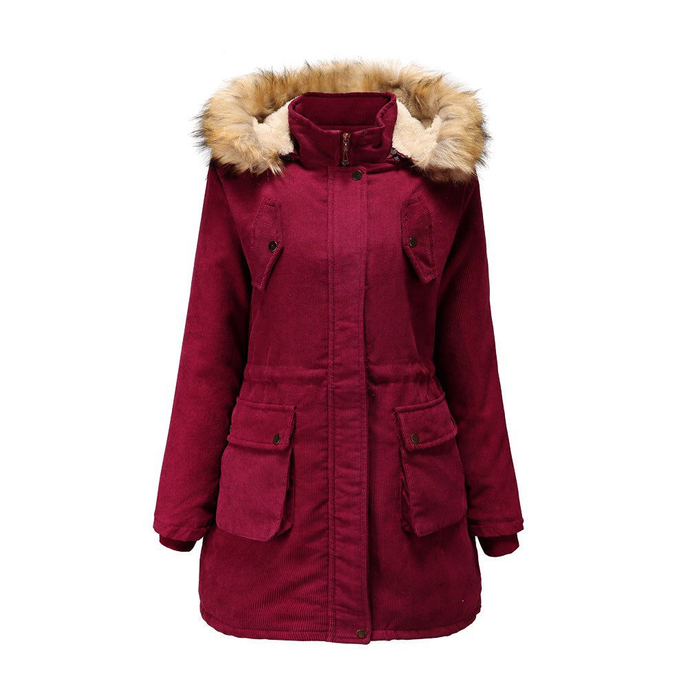 Haina lungime medie pentru femei, cu gluga detasabila, haina calduroasa cu captuseala din plus, haina potrivita pentru sezonul de toamna si iarna