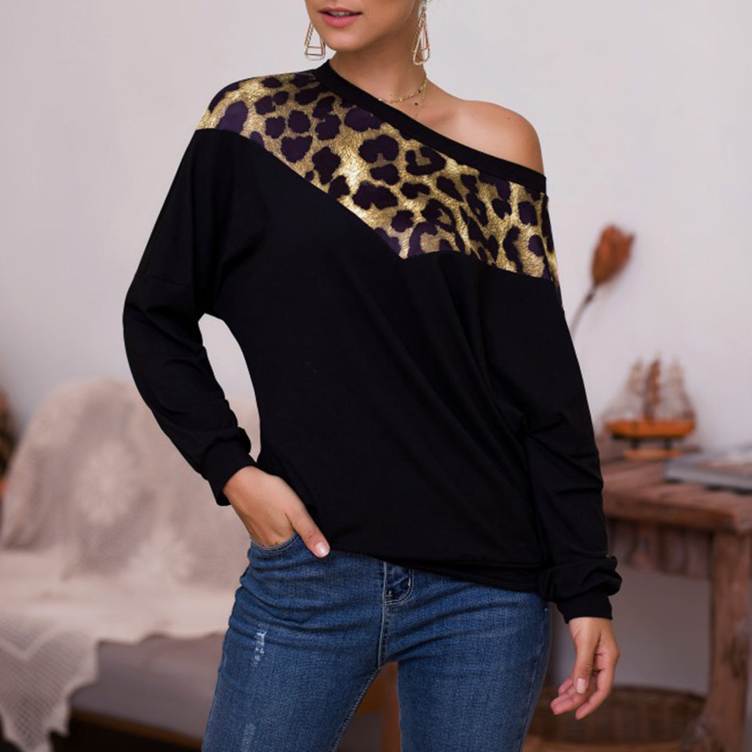 Bluza cu imprimeu leopard pentru femei, cu aplicatii si maneca lunga, bluza larga