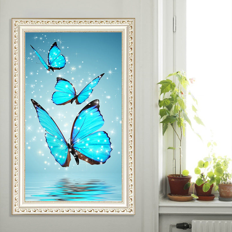 Pictura ornament mozaic pentru lucrat manual acasa, broderie cu strasuri, model cu fluturi albastri