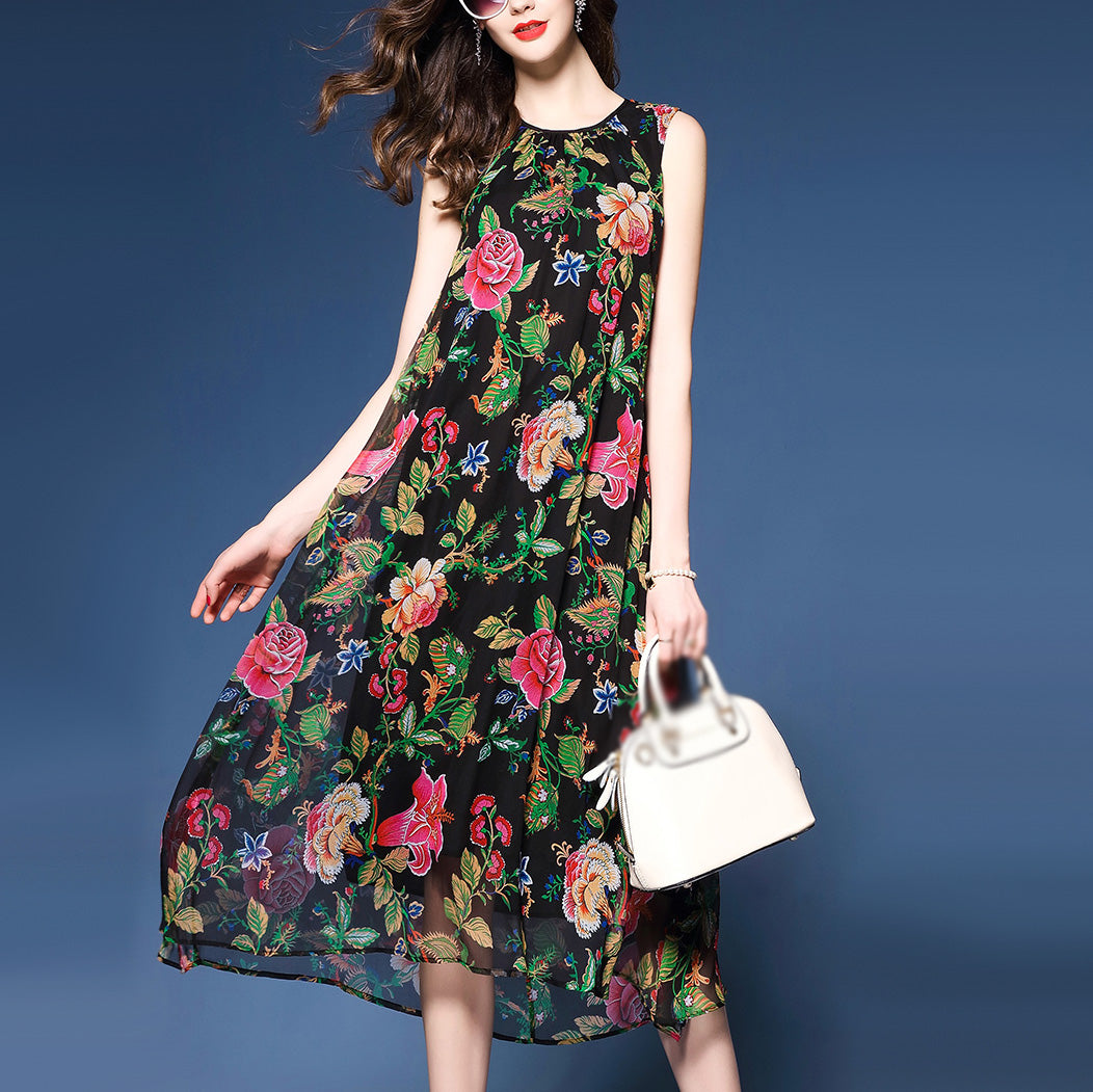 Rochie in forma de A, guler normal, fara maneci din ?ifon ?i imprimeu floral