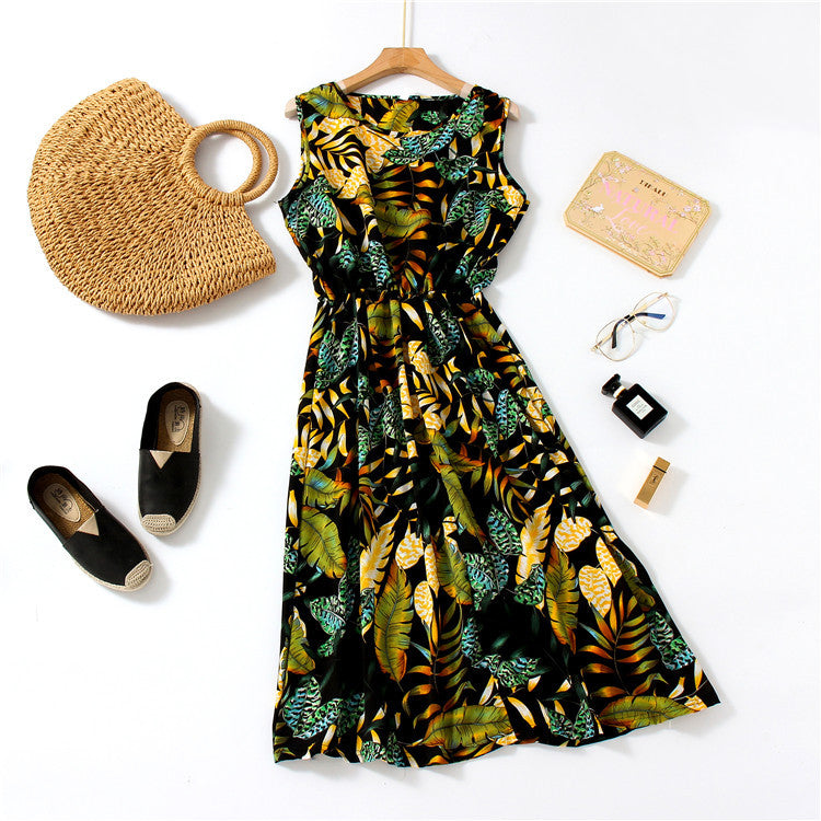 Rochie de vara pentru femei, fara maneci, cu imprimeu superb, din ?ifon, potrivita pentru plaja, rochie casual cu elastic in talie