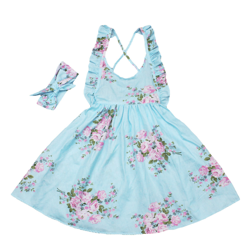 Set de rochita si bentita pentru cap pentru fetite mici, model de vara, pentru plaja, cu imprimeu floral, o rochita de petrecere, cu spatele gol, model vintage