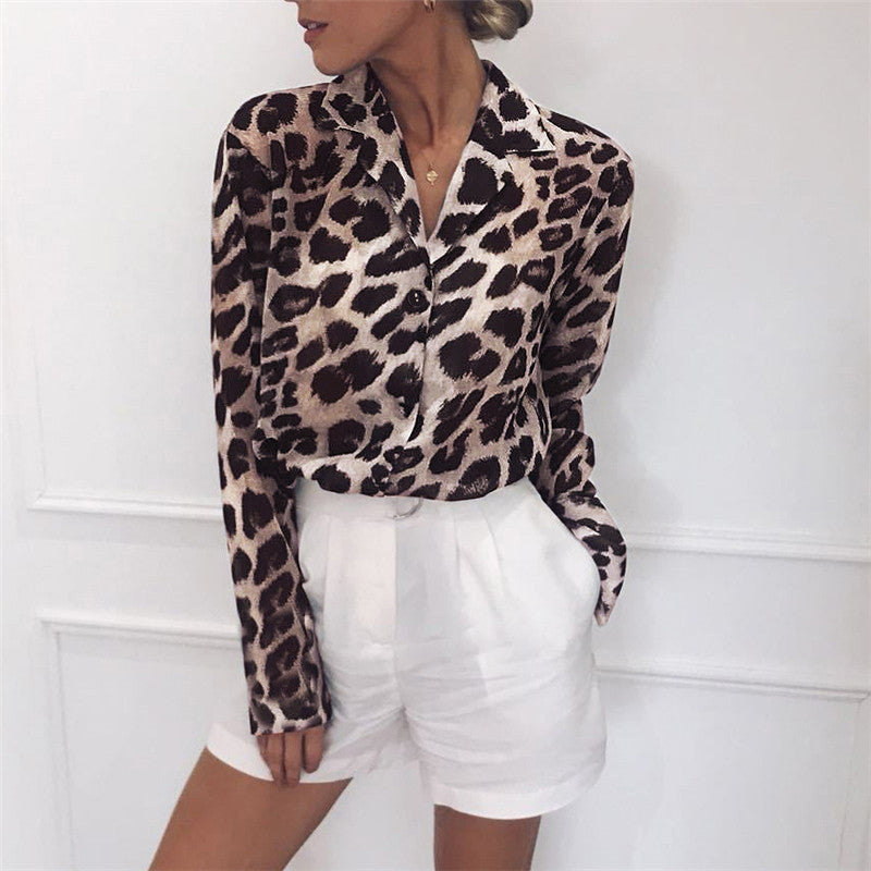 Bluza din ?ifon pentru femei, cu maneci lungi, model casual, bluza cu decolteu in V ?i imprimeu model leopard, potrivita pentru sezonul de vara