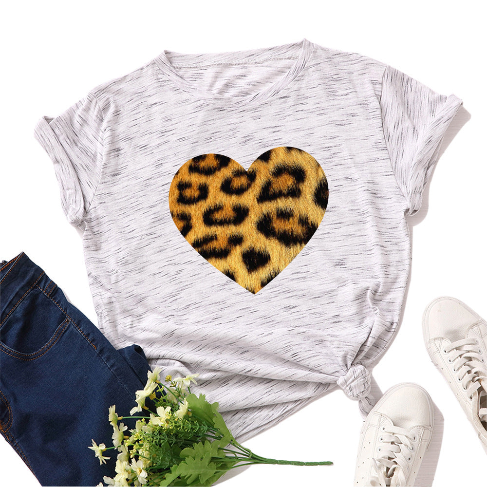 Tricou de vara pentru femei, casual ?i modern, cu decolteu rotund ?i maneca scurta, cu imprimeu leopard