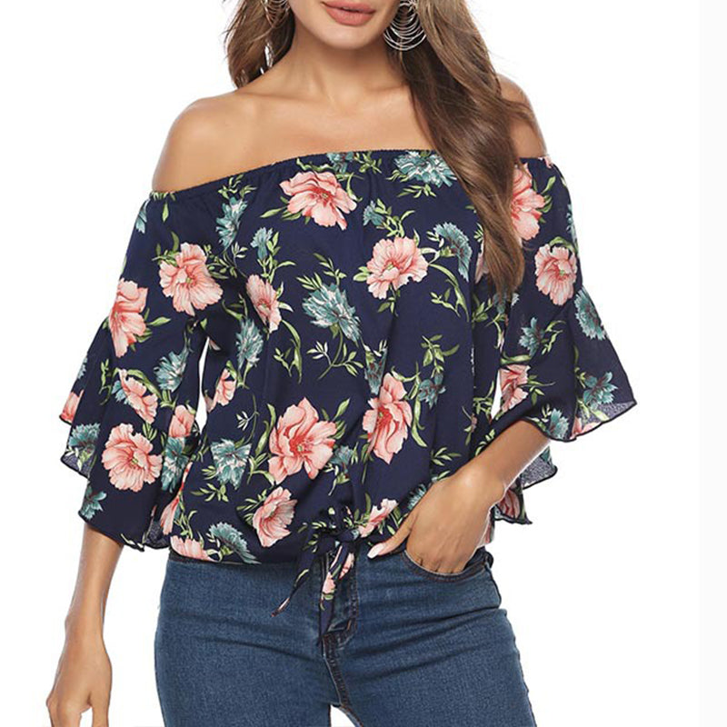 Bluza pentru femei, model casual, stil cu un umar gol, bluza cu imprimeu floral, cu maneci largi, potrivita pentru sezonul de primavara ?i vara