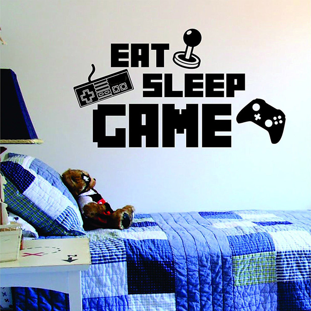 Decoratiune interioara, sticker de perete pentru dormitor sau sufragerie, model cu inscriptie Eat Sleep Game