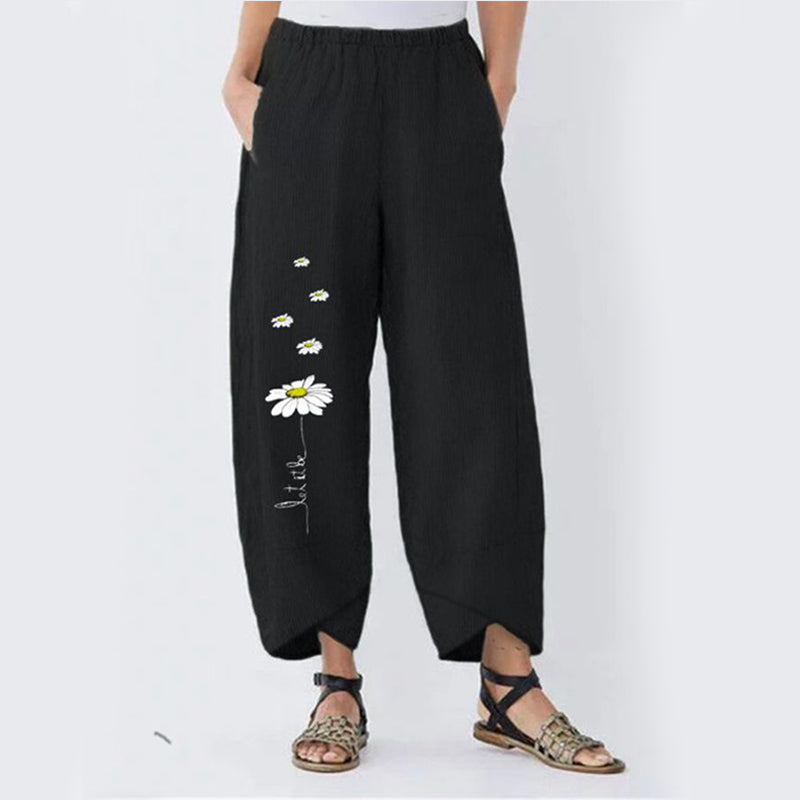 Pantaloni de vara pentru femei, model nou cu elastic in talie, casual ?i largi, cu imprimeu retro