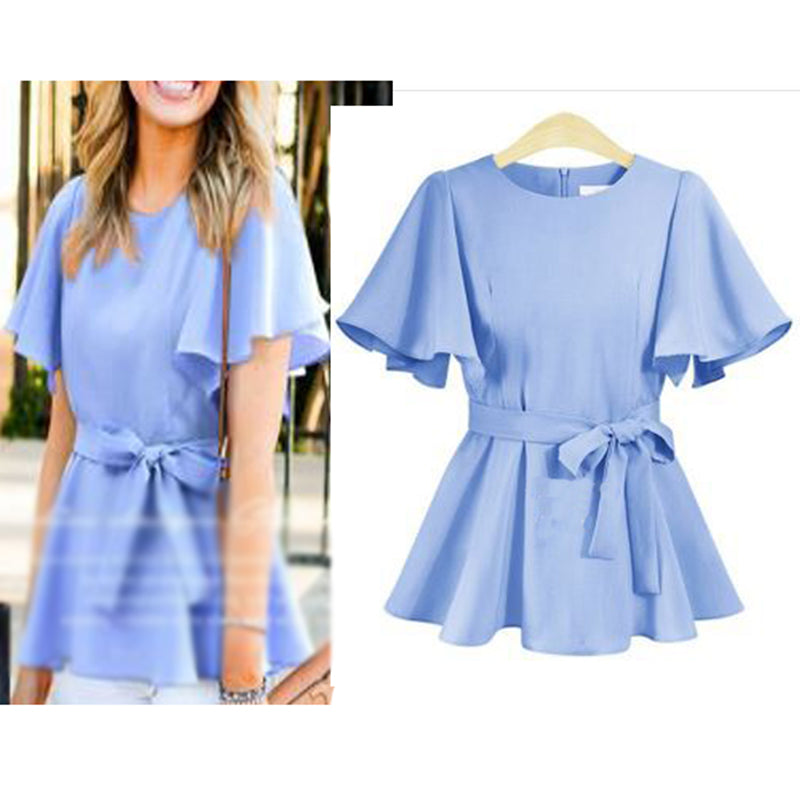 Bluza eleganta marime mare, din ?ifon, cu funda in talie, bluza pe roz, albastru, ro?u