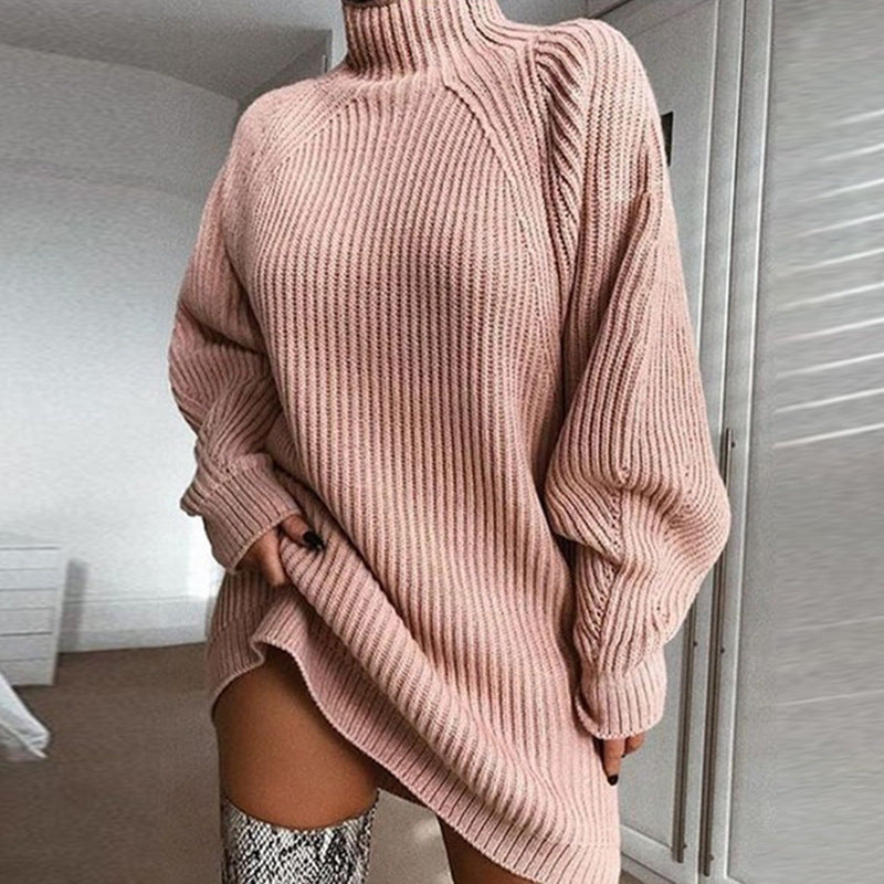 Rochie scurta de toamna si iarna pentru femei, cu guler inalt, din tricot, rochie tip pulover