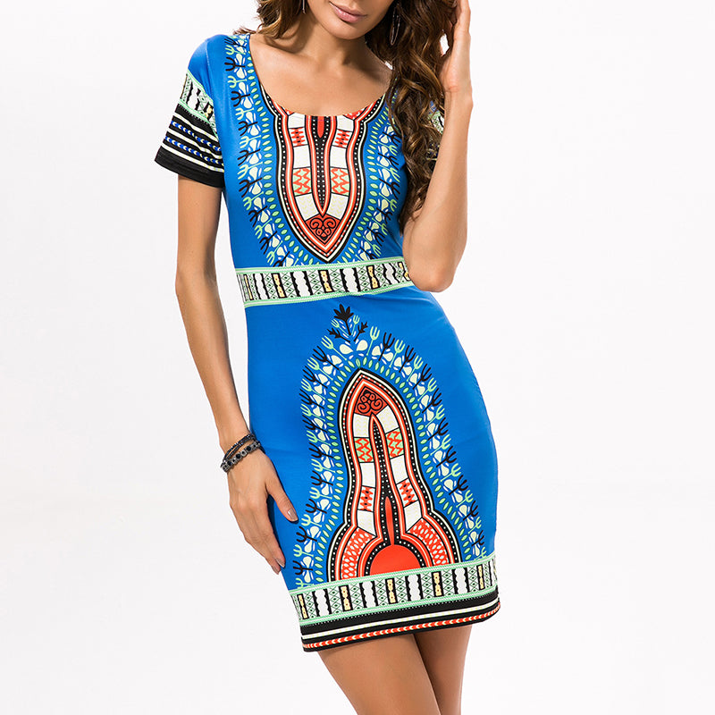 Rochie scurta pentru femei, stil ethnic, cu imprimeu, rochie marime slim ?i culori contrastante