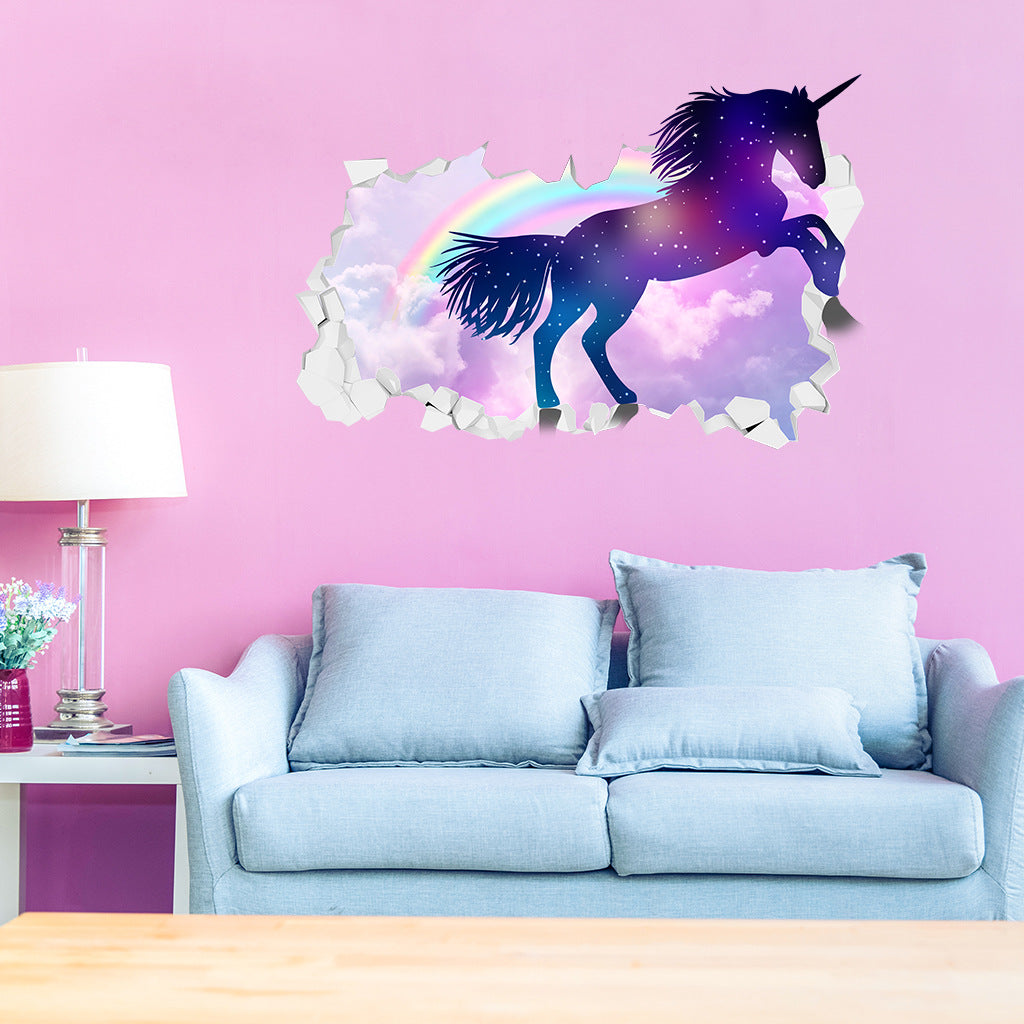 Decoratiune interioara, sticker de perete pentru dormitor sau sufragerie, model cu unicorn si curcubeu