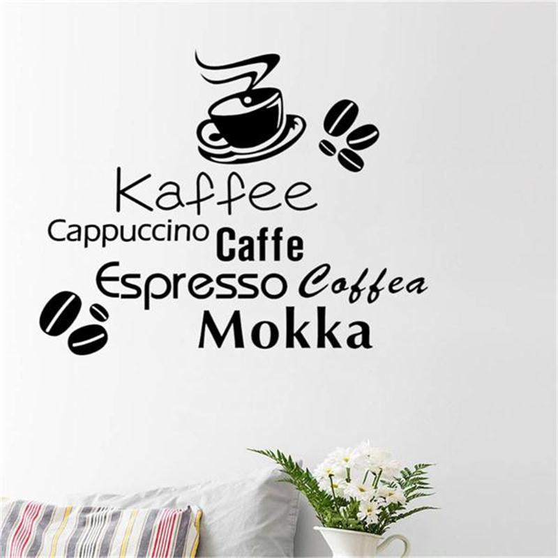 Sticker de perete ingenios, original, cu ceasca si boabe de cafea si mesaj scris in engleza, ideal pentru decorat vitrina magazinului sau ca decoratiune pentru casa