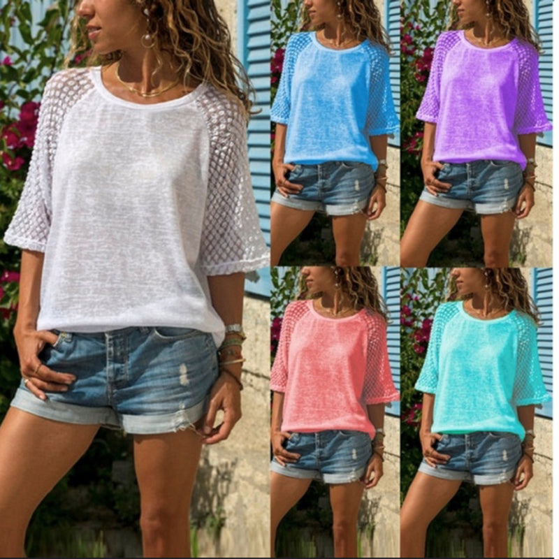 Bluza casual, cu modele aplicate din dantela, bluza tip tricou disponibila in culorile alb, verde, albastru, mov, roz si marimile S-5XL