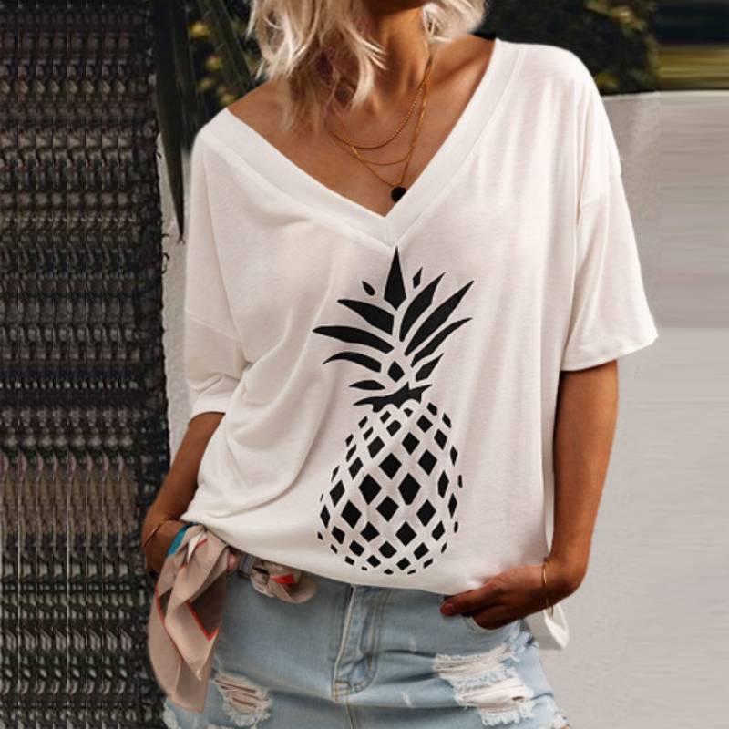 Bluza cu maneci scurte pentru femei, cu decolteu in V, bluza cu imprimeu model ananas, potrivita pentru timpul liber