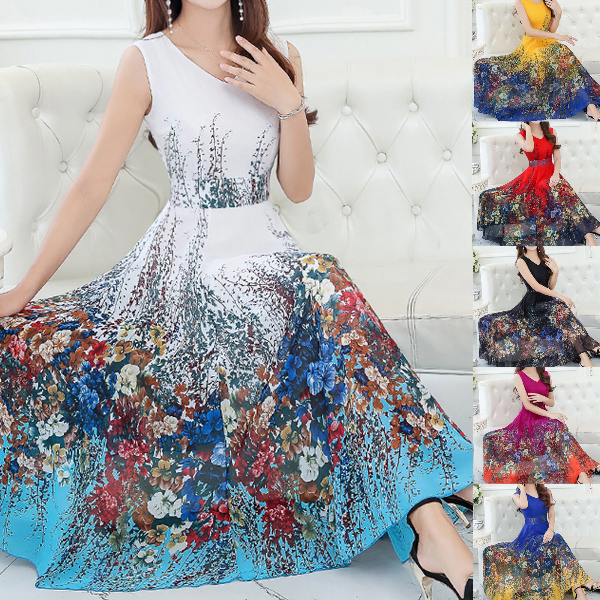 Rochie lunga pentru femei, cu imprimeu, stil romantic si elegant, fara maneci din sifon