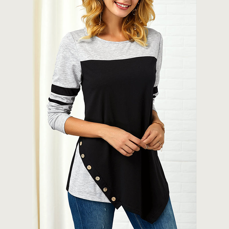 Bluza casual pentru femei, cu maneci lungi, cu modele aplicate asimetric, bluza cu decolteu rotund, potrivita pentru sezonul de primavara si toamna