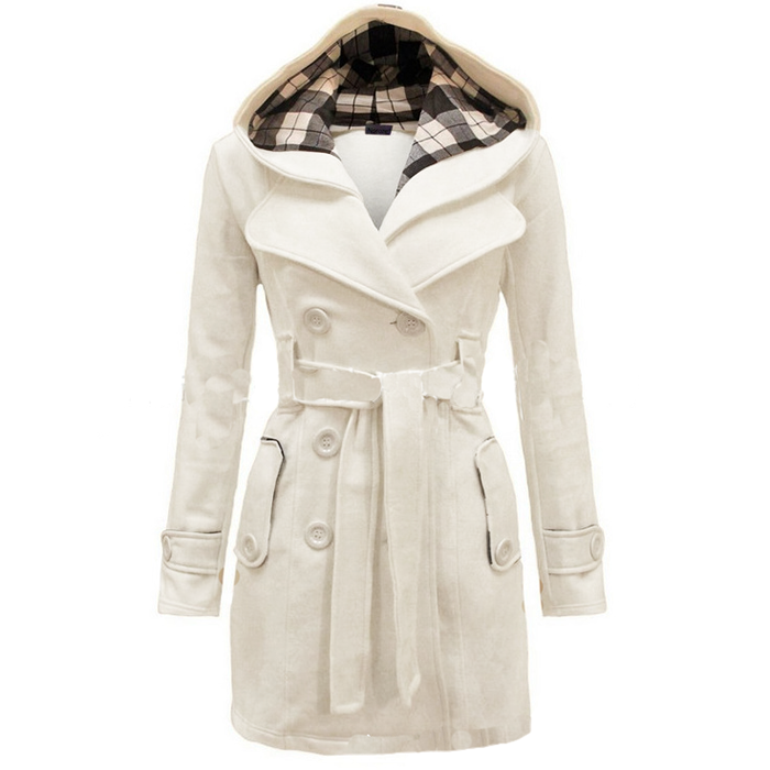 Haina pentru femei, culoare uni, haina cu gluga detasabila si accesoriu curea, potrivit pentru sezonul de toamna si iarna