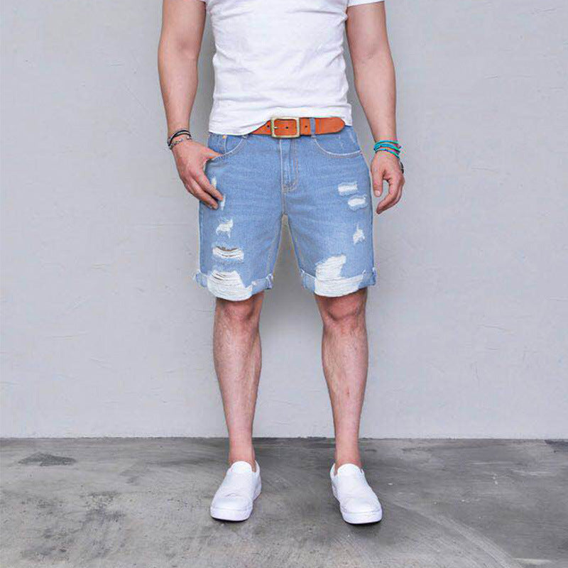 

Pantaloni moderni pentru bărbați, blugi scurți cu perforații, albastru deschis