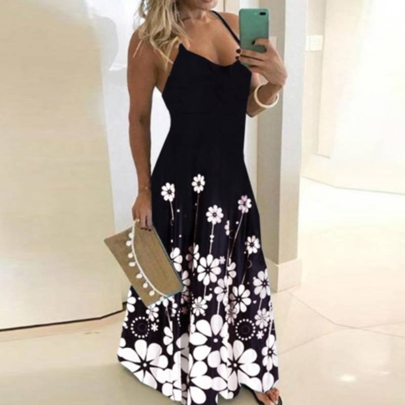 Rochie lunga ?i sexy pentru femei, cu imprimeu floral, rochie cu bretele subtiri, potrivita pentru timpul liber