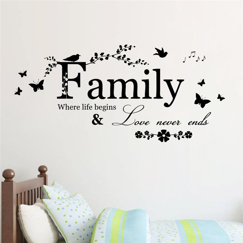 1 sticker de perete din gama DIY, Do It Yourself, Fa tu singur, cu mesajul Family Love Never Ends, Dragostea familiei nu se termina niciodata, decoratiune pentru acasa
