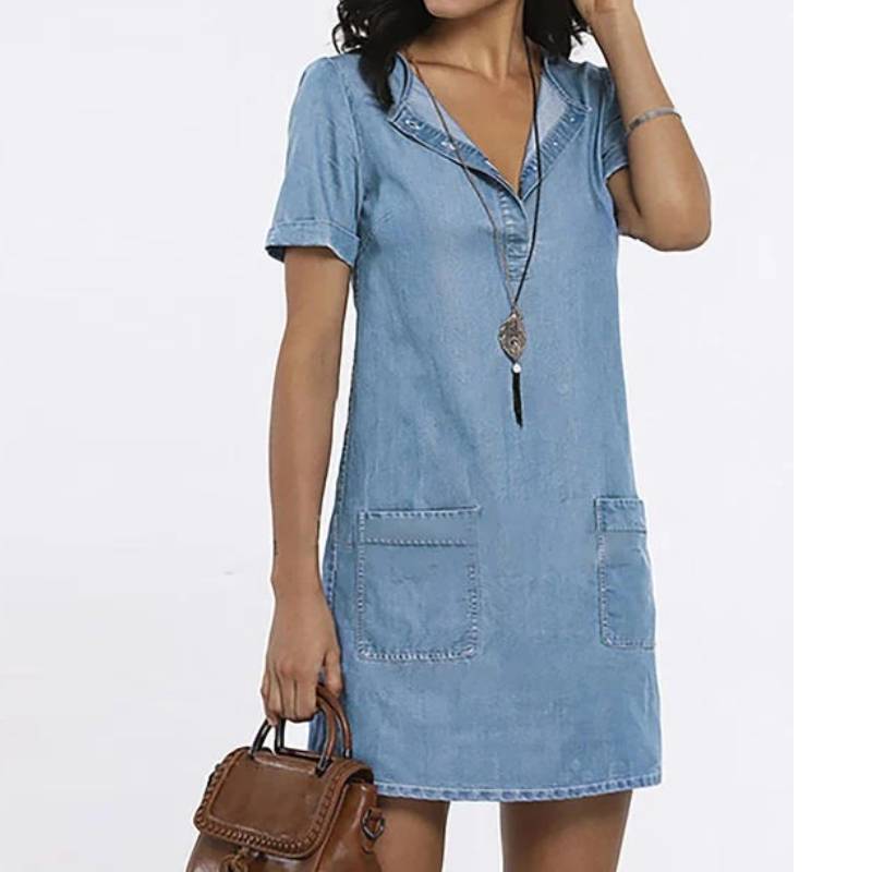 Rochie din denim subtire pentru femei, cu maneca scurta, pentru timpul liber