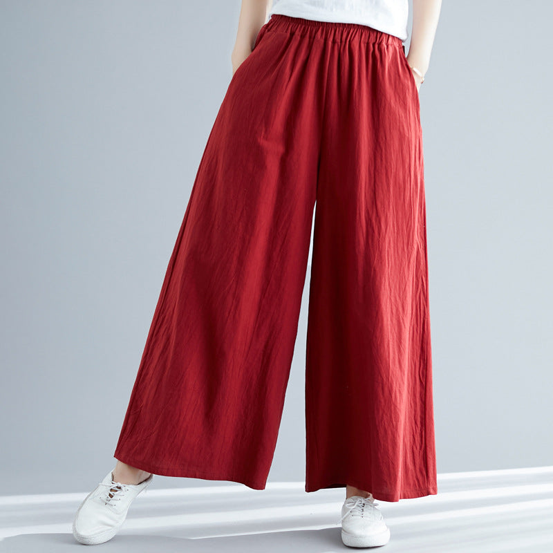 Pantaloni stil casual pentru femei, model larg ?i retro, cu talie elastica, culoare uni, pantaloni lungi