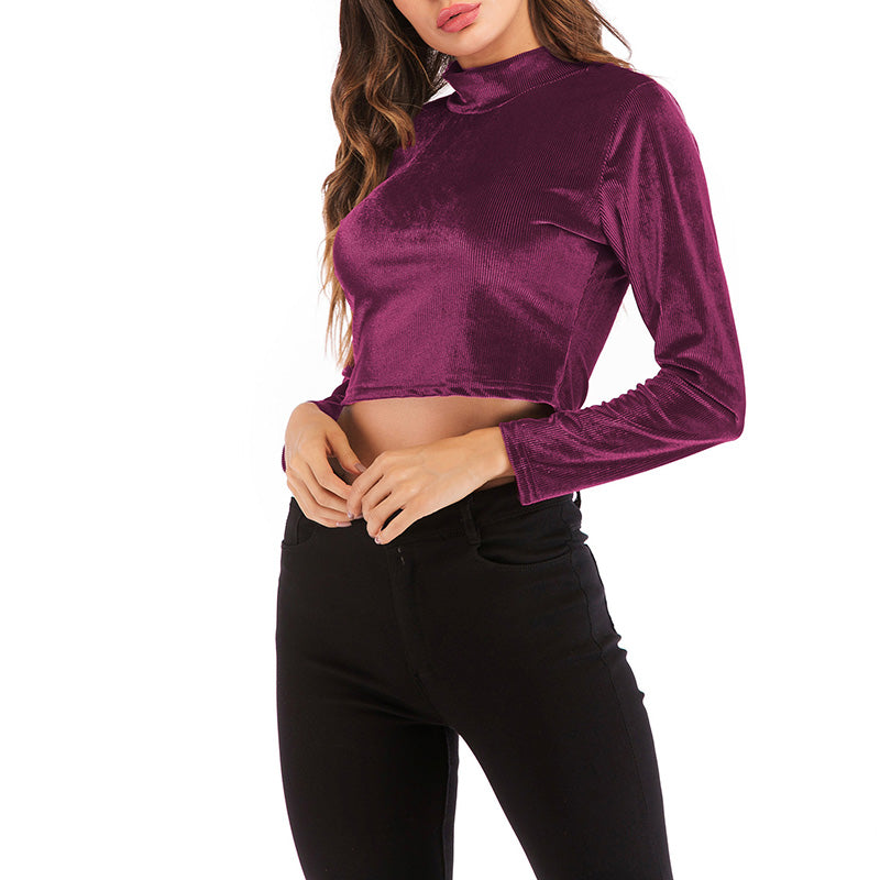 Bluza casual cu maneca lunga pentru femei, cu guler inalt, model versatil talie slim, top scurt modern