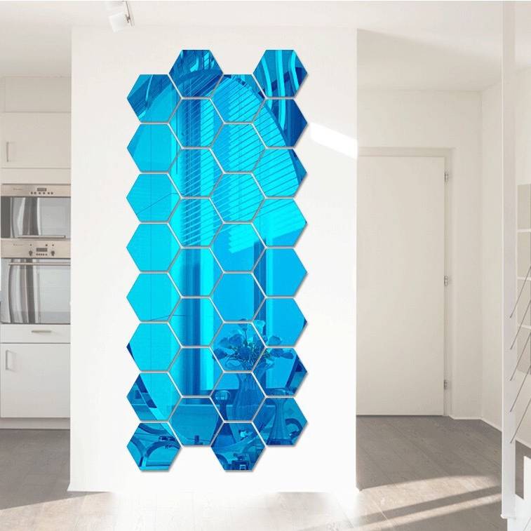 Decoratiune interioara, oglinda din 12 fragmente hexagonale acrilice, sticker oglinda pentru perete, pentru sufragerie sau dormitor