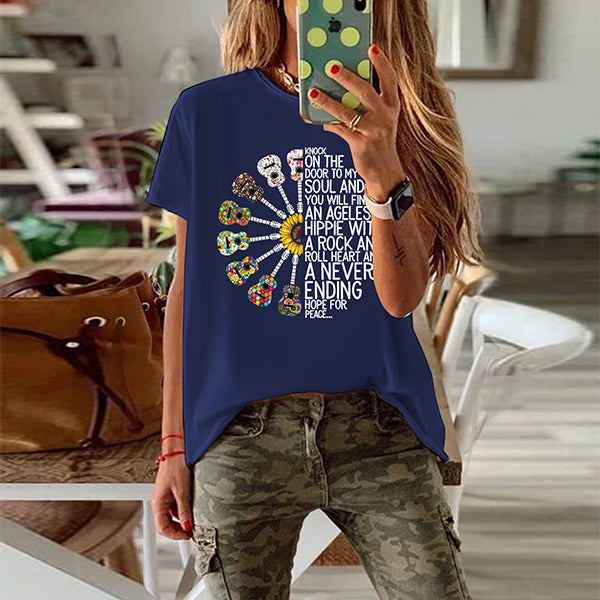 

Tricou cu decolteu rotund pentru femei, cu imprimeu și mânecă scurtă, modern și larg