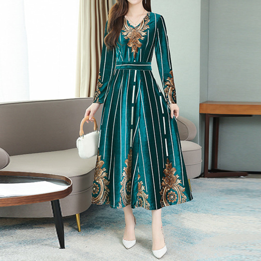 Rochie eleganta si model vintage pentru femei, din plus, cu imprimeu, rochie stil slim potrivit pentru sezonul de toamna