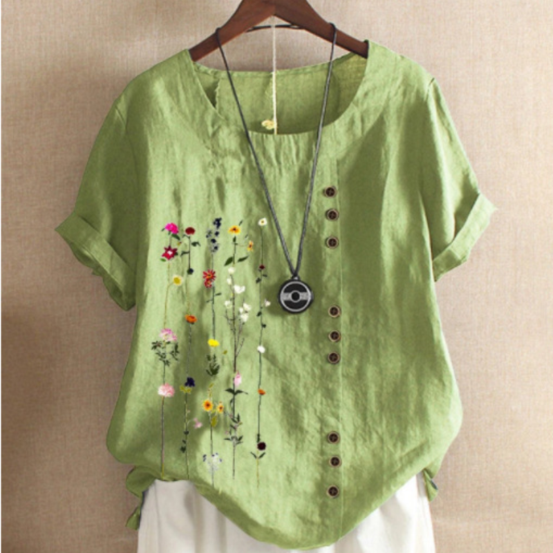 Bluza de vara pentru femei, cu model floral ?i maneca scurta, cu decolteu rotund, model casual cu imprimeu retro